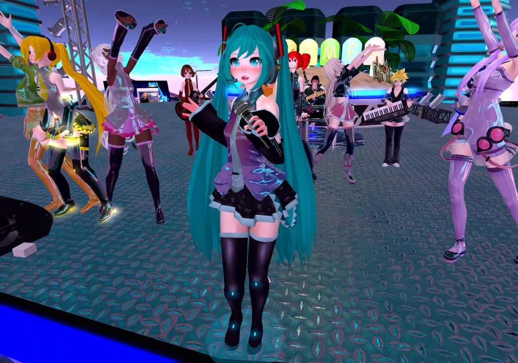 Hatsune Miku performing live with her band in Second Life