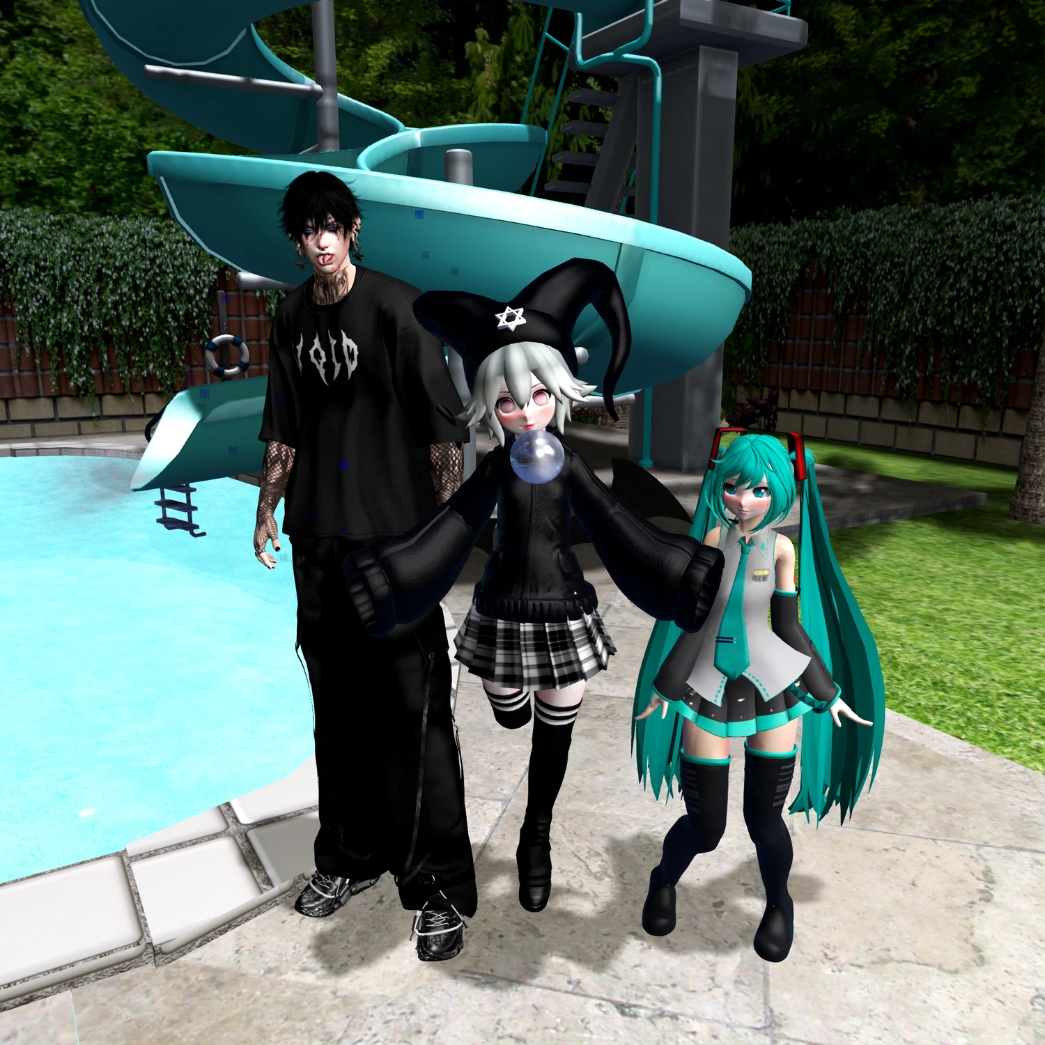 Hatsune Miku at the pool with friends