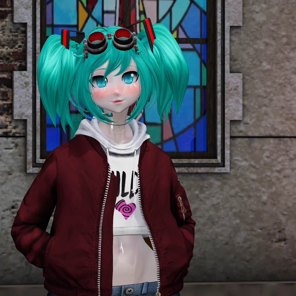 Hatsune Miku with short hair wearing casual jeans and jacket